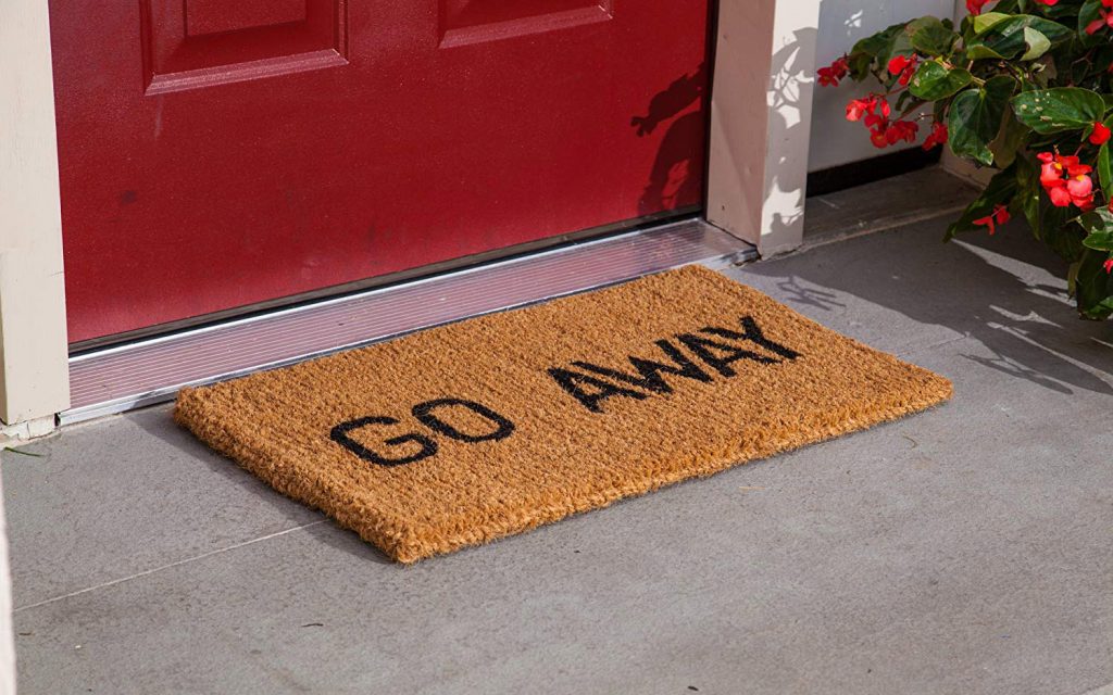 Go Away Scrooge evil gift door carpet